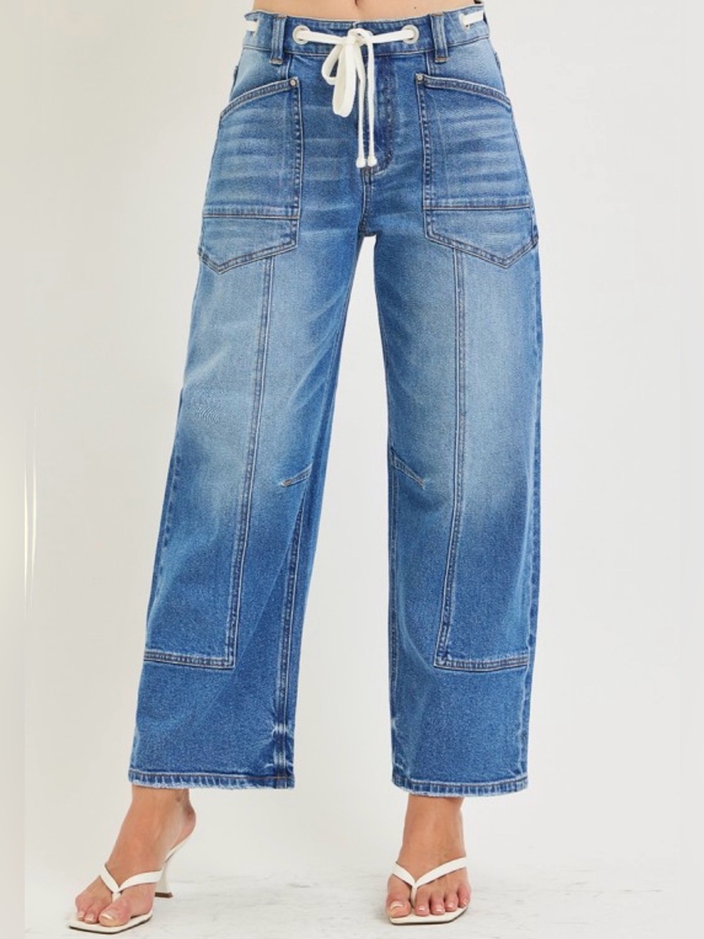 Risen Slouchy Crop Barrel Eyelet Waistband Details Jeans.  (NOT Jr sizing)